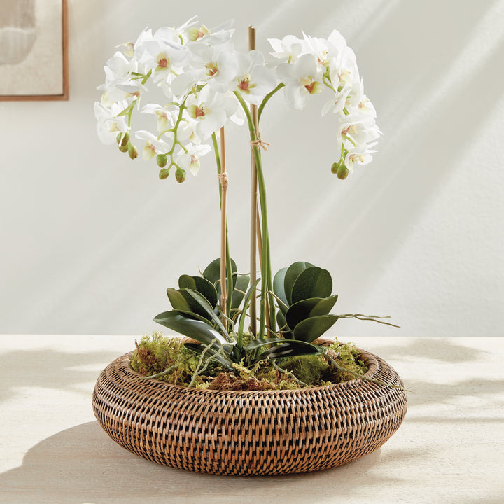 Brown rattan shallow display bowl holding a white orchid arrangement with green leaves on a tabletop - Coastal Transitional