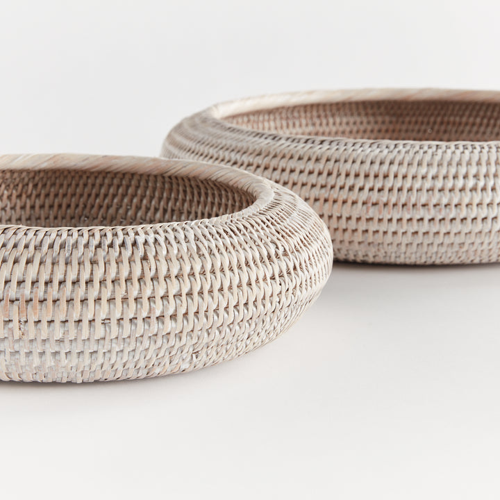 Whitewash rattan shallow display bowl set close-up showing the curved sides, woven strands and rims - Coastal Transitional