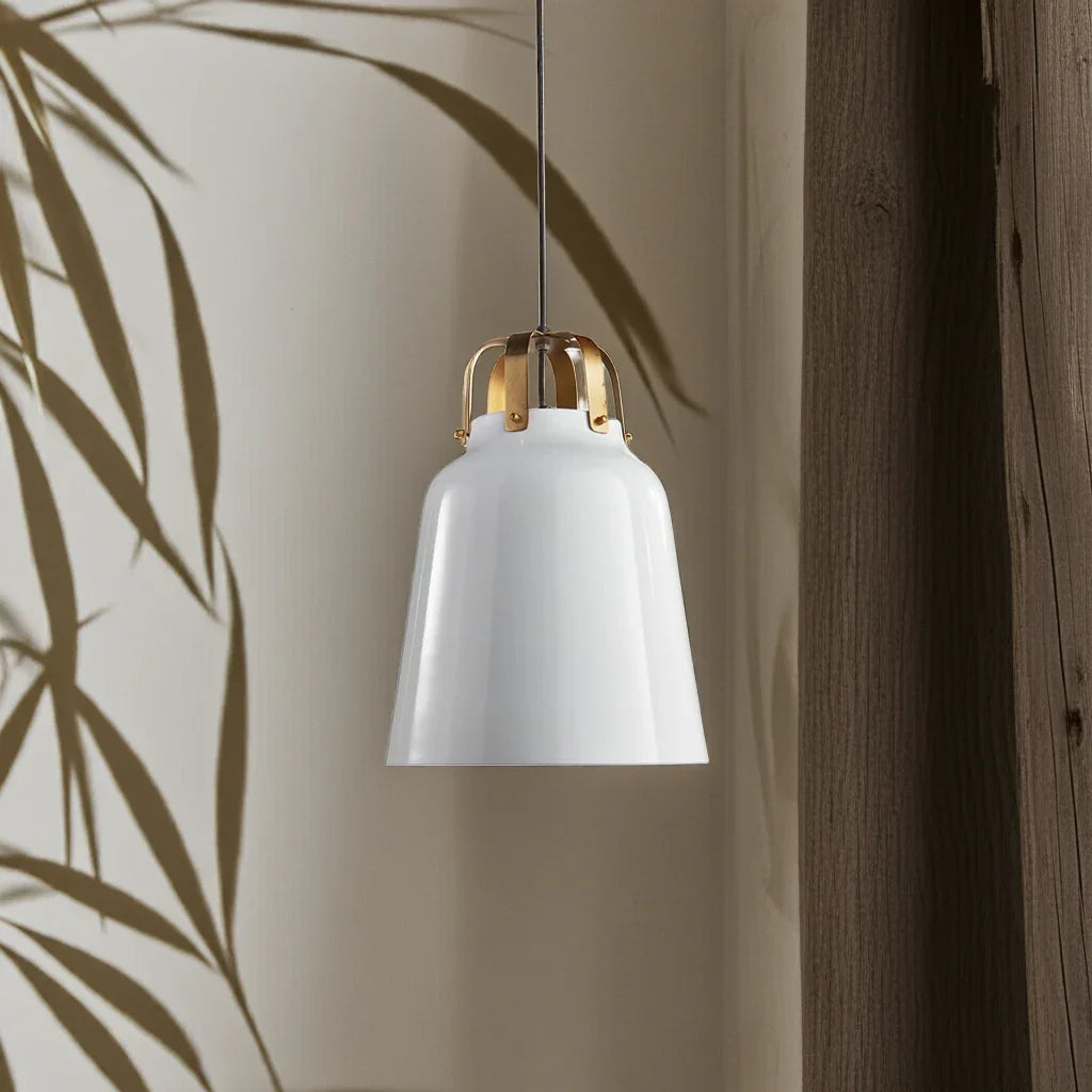 Modern Industrial White Iron Pendant Light – 13" Brass Accents