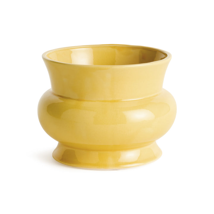 Yellow ceramic cachepot with a glossy reactive glaze, rounded English-inspired silhouette, and drain hole for indoor plants – English Country