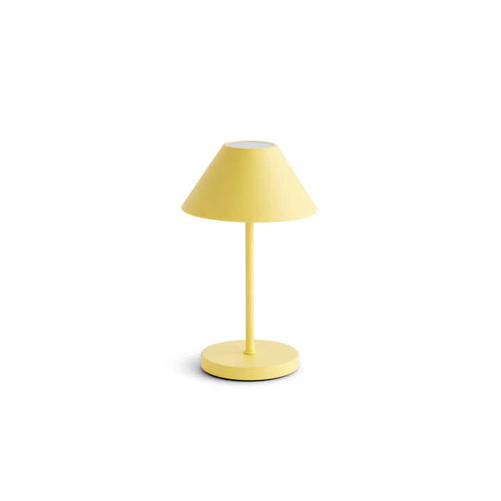 Yellow cordless LED table lamp with metal empire shade, rechargeable battery, and touch dimming controls, 10 inch size – Contemporary