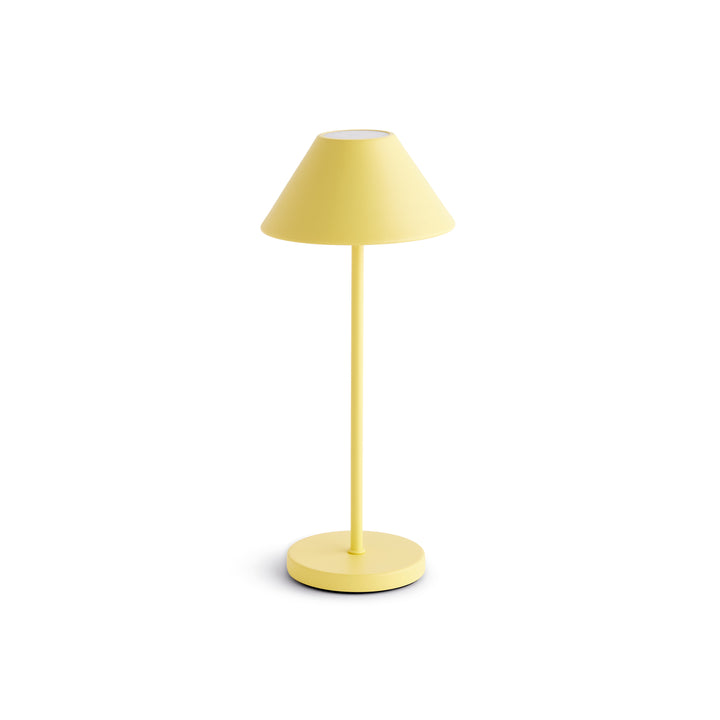 Yellow cordless LED table lamp with metal empire shade, rechargeable battery, and touch dimming controls, 14 inch size – Contemporary