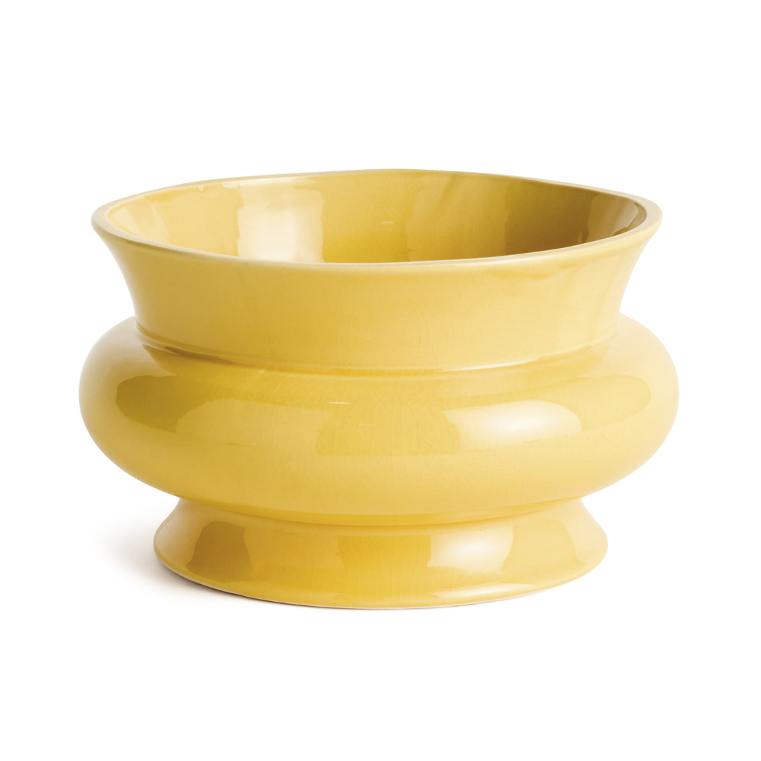 Yellow wide ceramic cachepot with a glossy reactive glaze, broad rounded silhouette, and drain hole for indoor plants – English Country