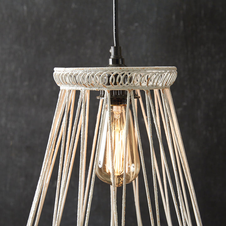 This unique pendant light has a classic silhouette of a bell shaped lampshade. It's finished with a rustic white and comes with a 46'' drop. This light comes with a canopy for hanging and requires a standard E-26 light bulb, not included. This pendant lamp is designed to be hardwired; no plug is included. 60-watts is the maximum suggest bulb wattage for this item.