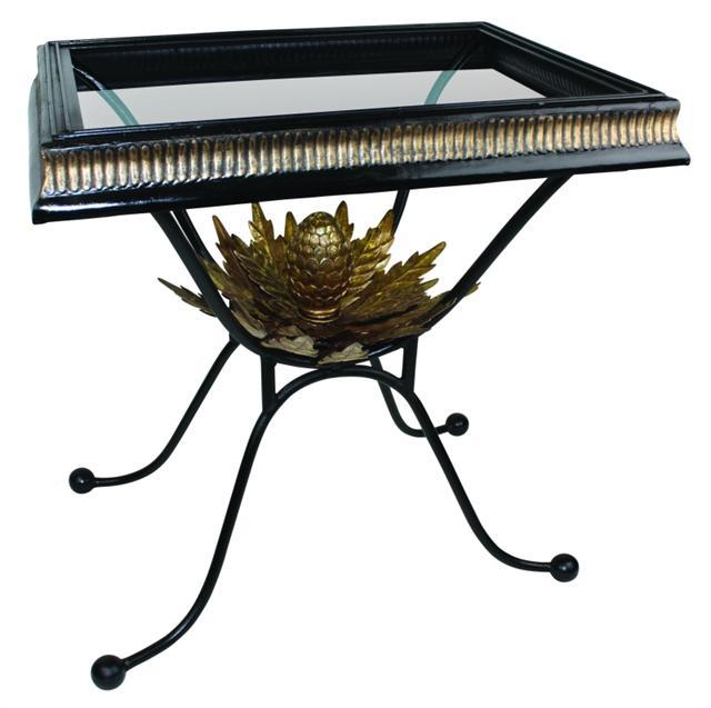 Black Iron Side Table with Glass top and Italian Gold Artichoke and Border Accents