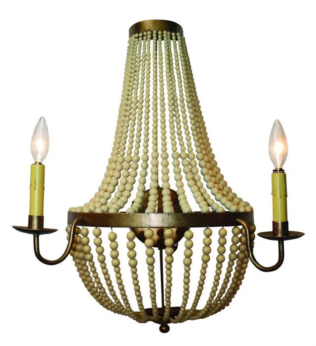 Large Cream Bead Two Candle Lighted Wall Sconce with Antique Gold Iron Frame