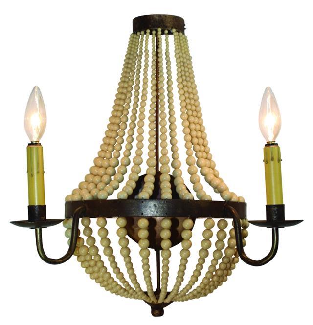 Small Cream Bead Two Candle Lighted Wall Sconce with Antique Gold Iron Frame
