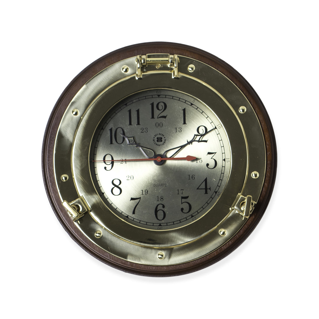Brass Nautical Themed Porthole Clock on Solid Wood