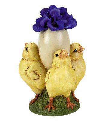 Easter chick and egg floral decoration with purple flower accent – resin molded spring decor for shelf, mantel, or tabletop

