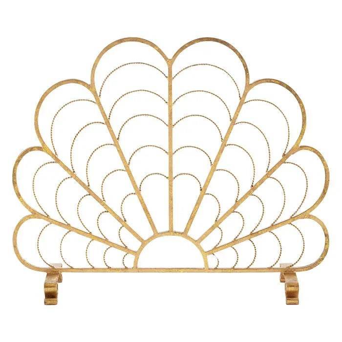 Italian gold shell fireplace screen with open scalloped design, shown in full frontal silhouette view.

